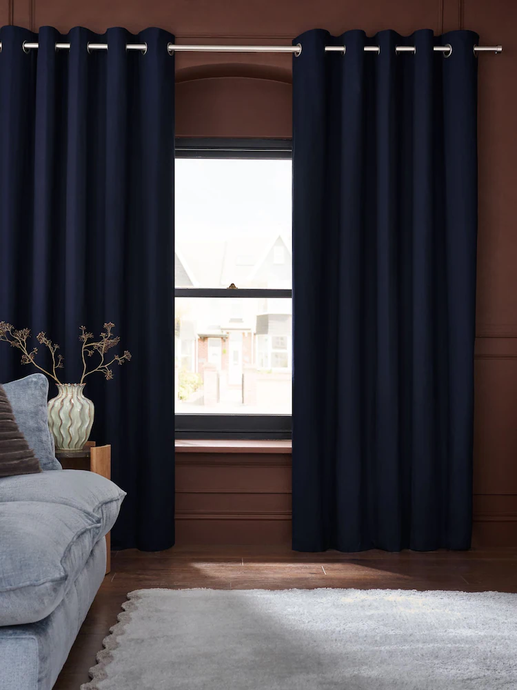 Blue Navy Blackout Thermal Cotton Eyelet Curtains2