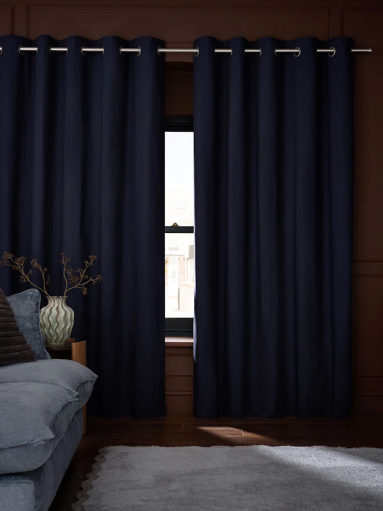 Blue Navy Blackout Thermal Cotton Eyelet Curtains3
