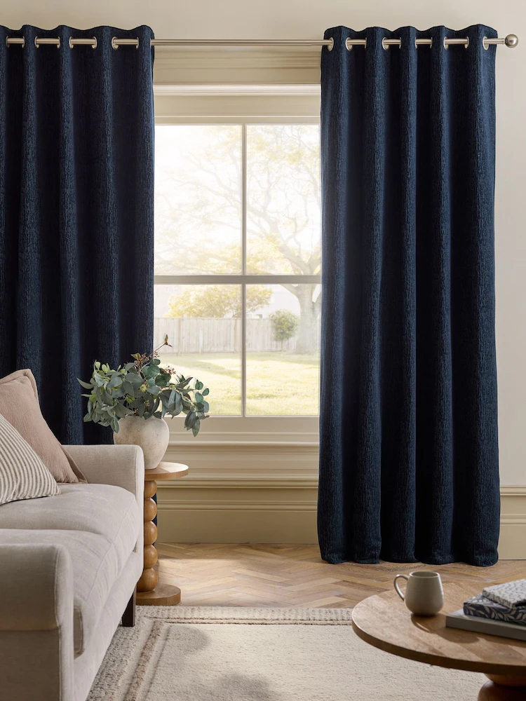 Blue Navy Heavyweight Chenille Blackout Thermal Eyelet Curtains2
