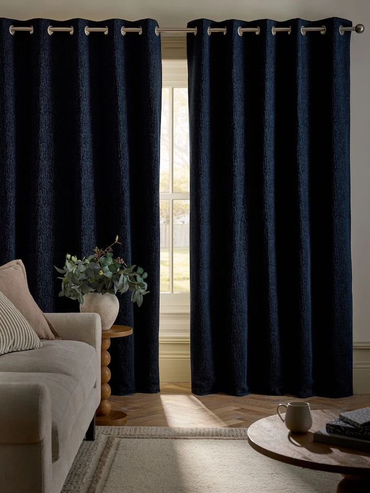 Blue Navy Heavyweight Chenille Blackout Thermal Eyelet Curtains3