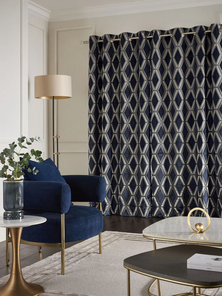 Navy Blue Collection Luxe Heavyweight Geometric Eyelet Cut Velvet Blackout Thermal Eyelet Curtains 2