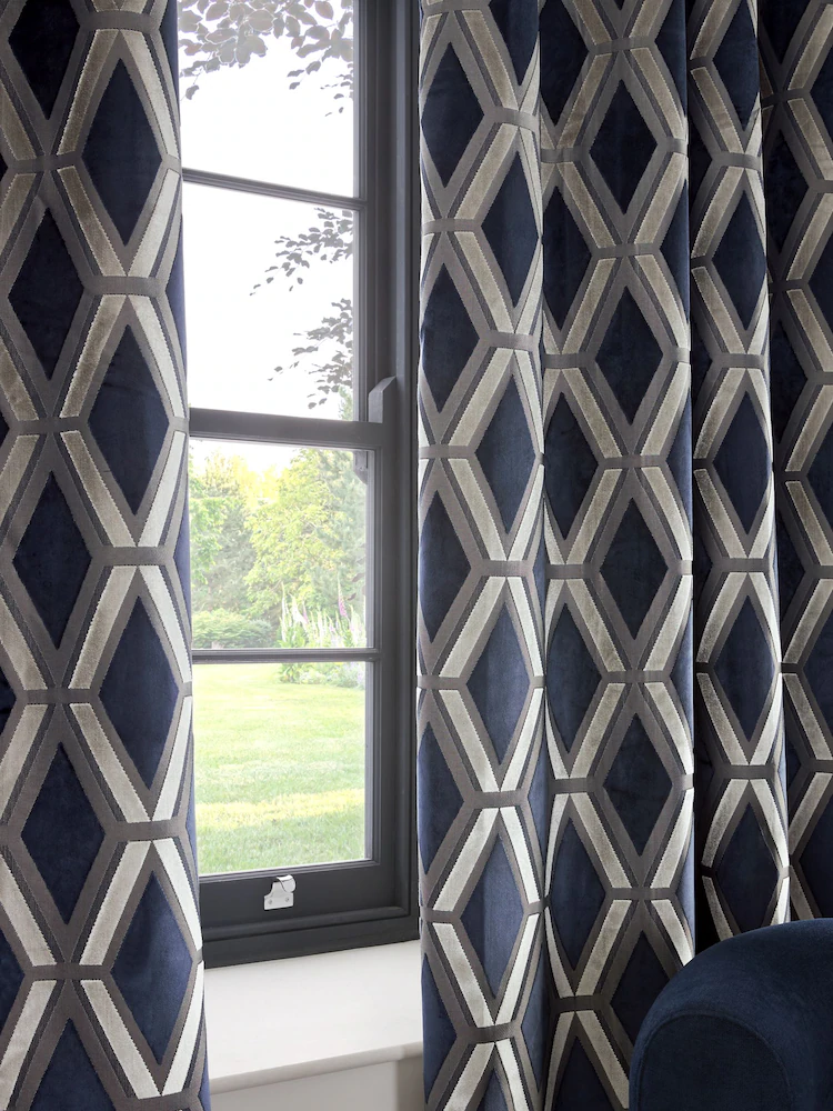 Navy Blue Collection Luxe Heavyweight Geometric Eyelet Cut Velvet Blackout Thermal Eyelet Curtains 3