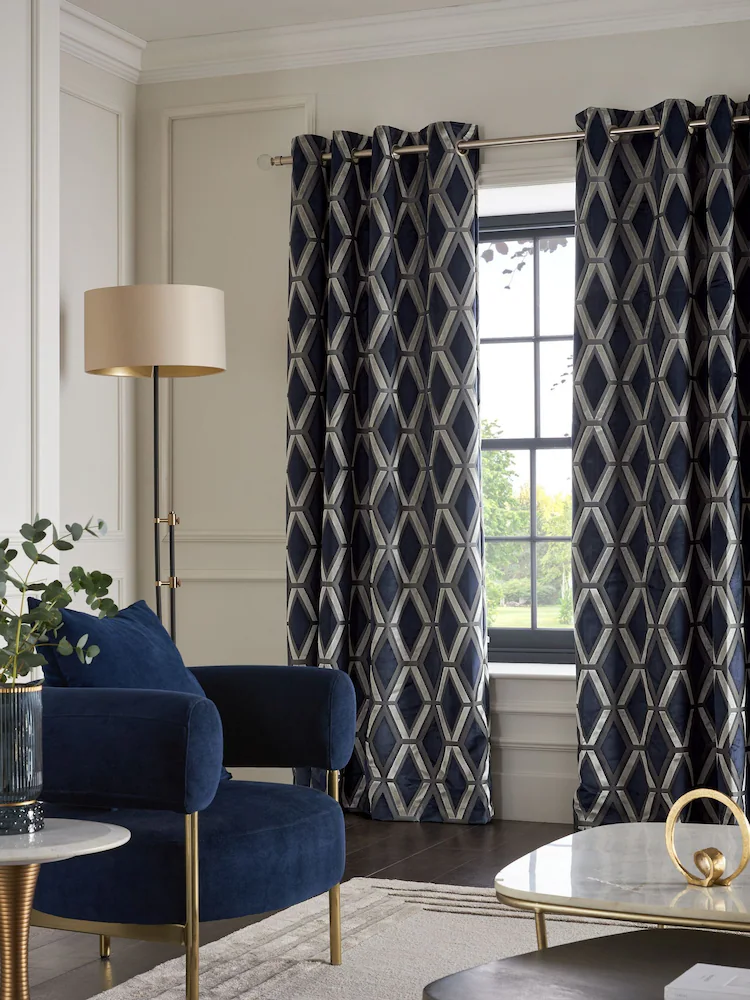 Navy Blue Collection Luxe Heavyweight Geometric Eyelet Cut Velvet Blackout Thermal Eyelet Curtains 4